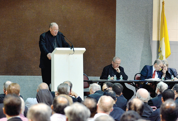 PLANNED APPROACH—Cardinal Dolan offers reflections on “Making All Things New,” the archdiocesan pastoral planning process, at a meeting June 6 at St. Joseph’s Seminary, Dunwoodie, with hundreds of priests, deacons and religious who serve in the archdiocese.