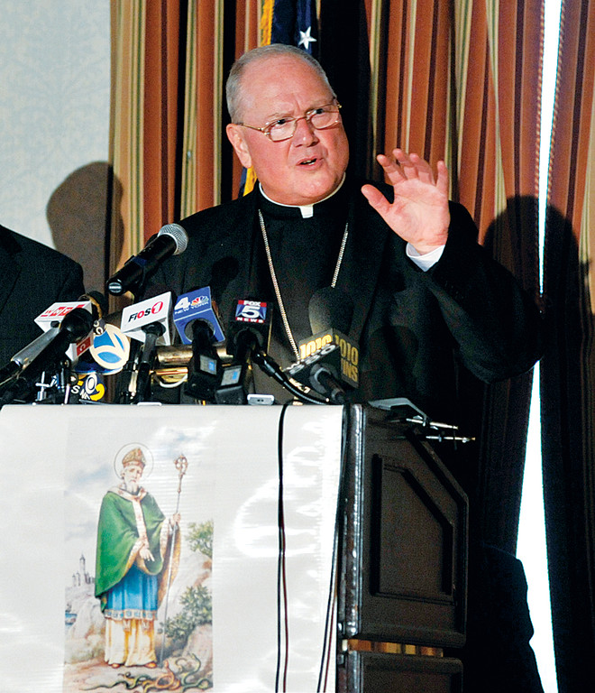 IRISH HONOR—Cardinal Dolan, as the newly named Grand Marshal of the 2015 St. Patrick’s Day Parade, addresses a press conference at the New York Athletic Club in Manhattan Sept. 3.