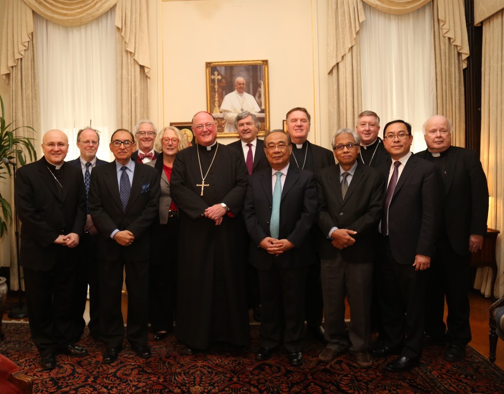 RESPECTFUL MEETING—Cardinal Dolan hosts a meeting at his Manhattan residence April 24 that included members of an Indonesian delegation. Among them were Ambassador Jakob Tobing, president of the Leimena Institute in Jakarta, and a former ambassador to South Korea, to the right of the cardinal, at front. Roberta Ahmanson of Fieldstead and Company, in the United States, pictured behind the cardinal, also attended, as Fieldstead is helping support the work of Leimena.