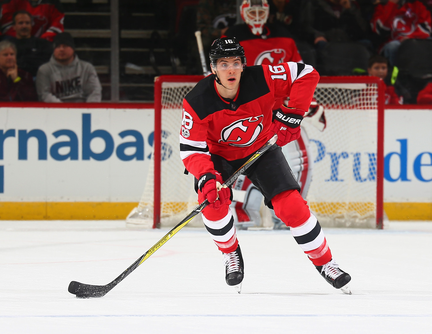 New Jersey Devils defenseman Steven Santini, who played on the hockey team at John F. Kennedy Catholic High School in Somers, looks up ice during an NHL game. Santini and his teammates find themselves chasing the Metropolitan Division championship this season after finishing with an Eastern Conference-low 70 points in 2016-2017. Santini is one of five Devils who played at Boston College.
