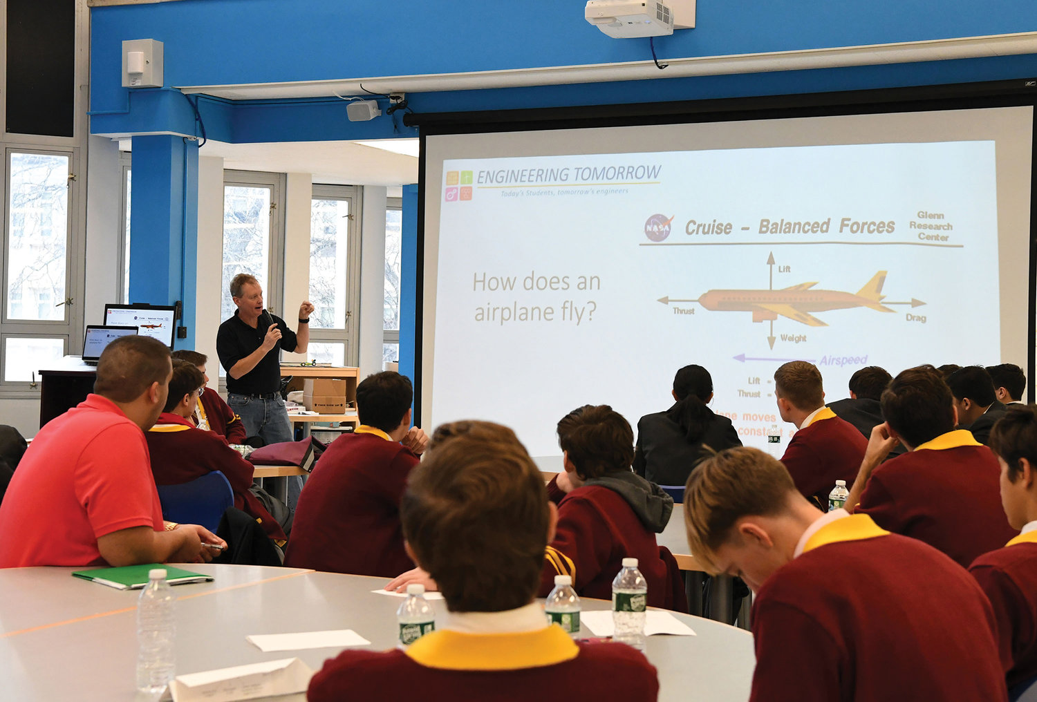 Erik Einset, an engineer with Engineering Tomorrow, explains the afternoon project on aerodynamics to the more than 75 Catholic high school students from Staten Island who were participating in their first engineering conference at Borough Presidents Hall of Science at the Petridies Education Complex Nov. 22.