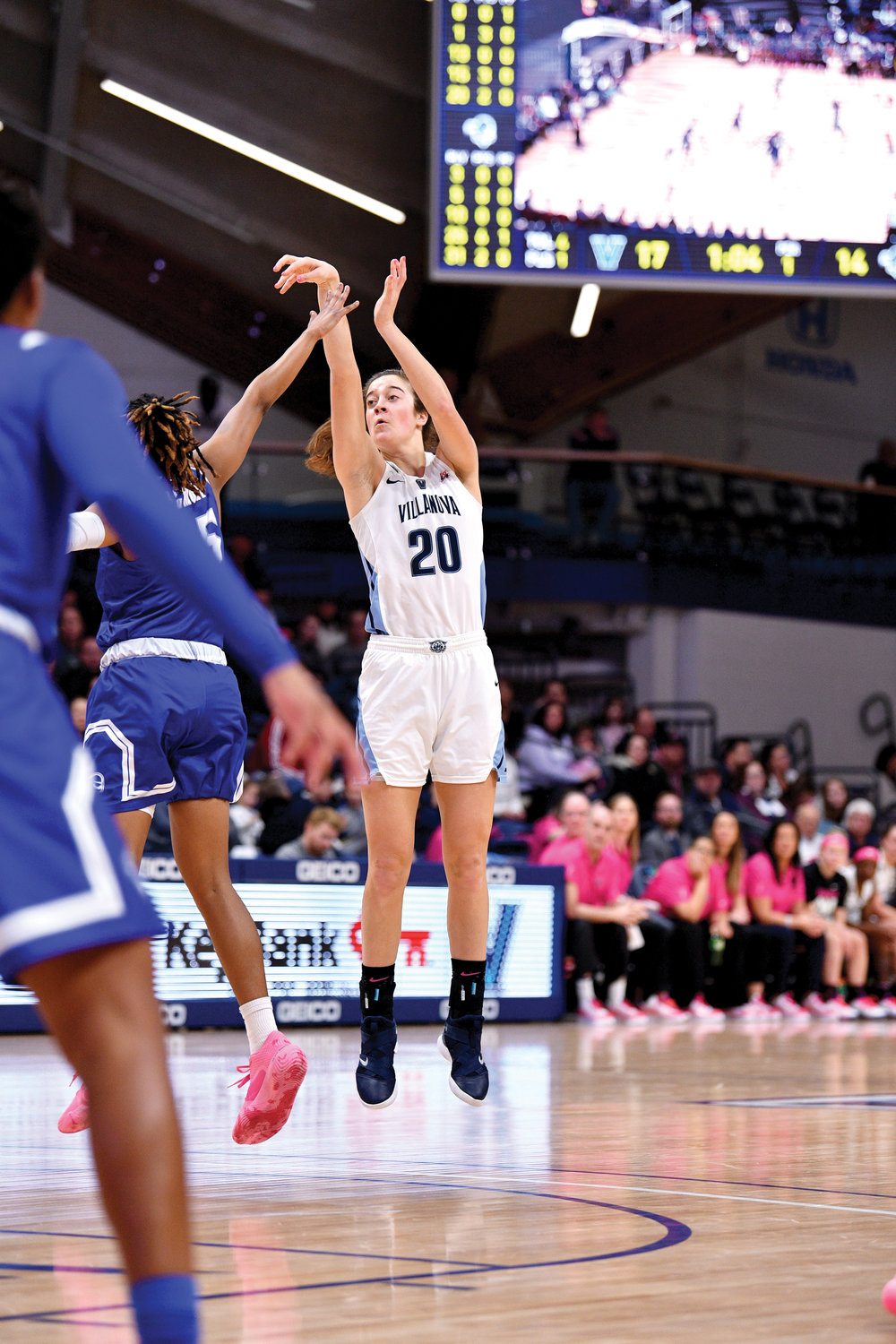 Villanova’s Maddy Siegrist follows through on a jump shot during a Big East Conference game against Seton Hall Feb. 2. The Our Lady of Lourdes High School graduate was named Freshman of the Year in the Big East Conference.