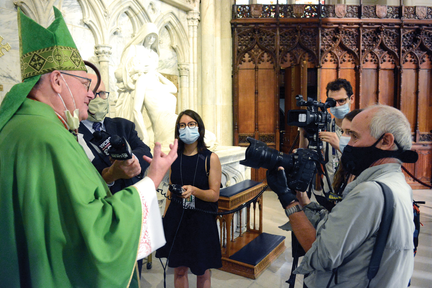 Cardinal Dolan addresses the press after serving as principal celebrant at the first public Sunday Mass in the cathedral since the mid-March cancellation of public assemblies in churches across the archdiocese amid the coronavirus pandemic.