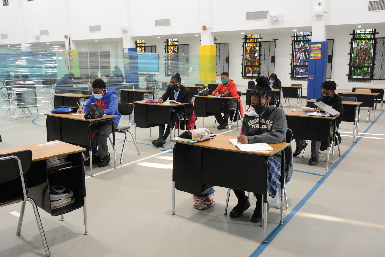 To facilitate social distancing, students in grades 5 to 8 at Our Lady of Grace School in the Bronx are taking classes in the gymnasium that opened during the 2019-2020 school year.