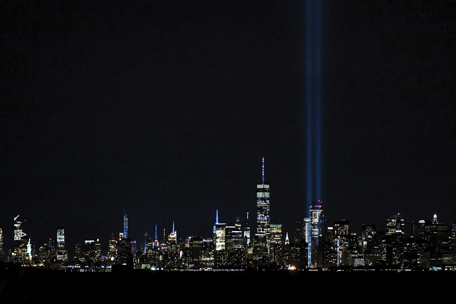 Twin beams of light shine skyward Sept. 11 on the 19th anniversary of the attacks on the World Trade Center. The photo was taken from Richmond Terrace on Staten Island.