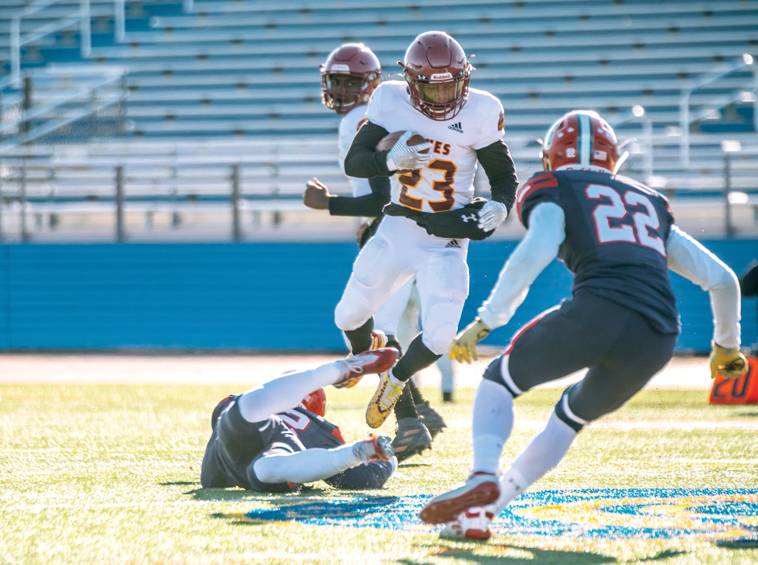 ON THE MOVE—Cardinal Hayes senior Jalen Smith carries the football during his team’s 25-7 Catholic High School Football League AAA championship victory over Archbishop Stepinac at Mitchel Field in Uniondale last November.