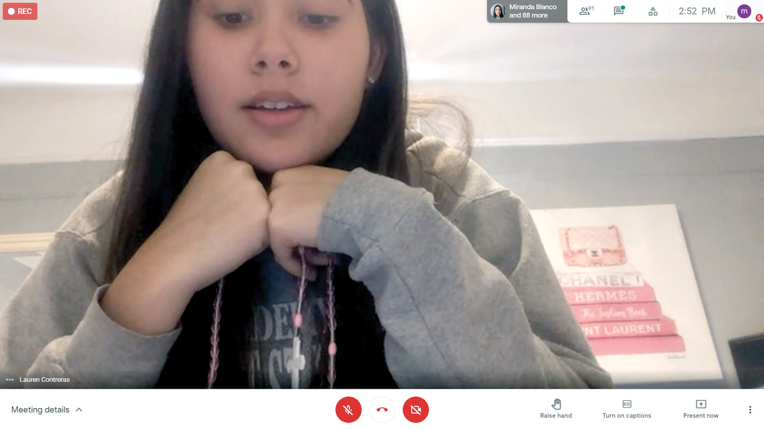 Lauren Contreras participates in the Academy of Mount St. Ursula’s weekly Virtual Rosary via Google Meet Jan. 29. Lauren, president of the junior class, was one of the original organizers of the Virtual Rosary.