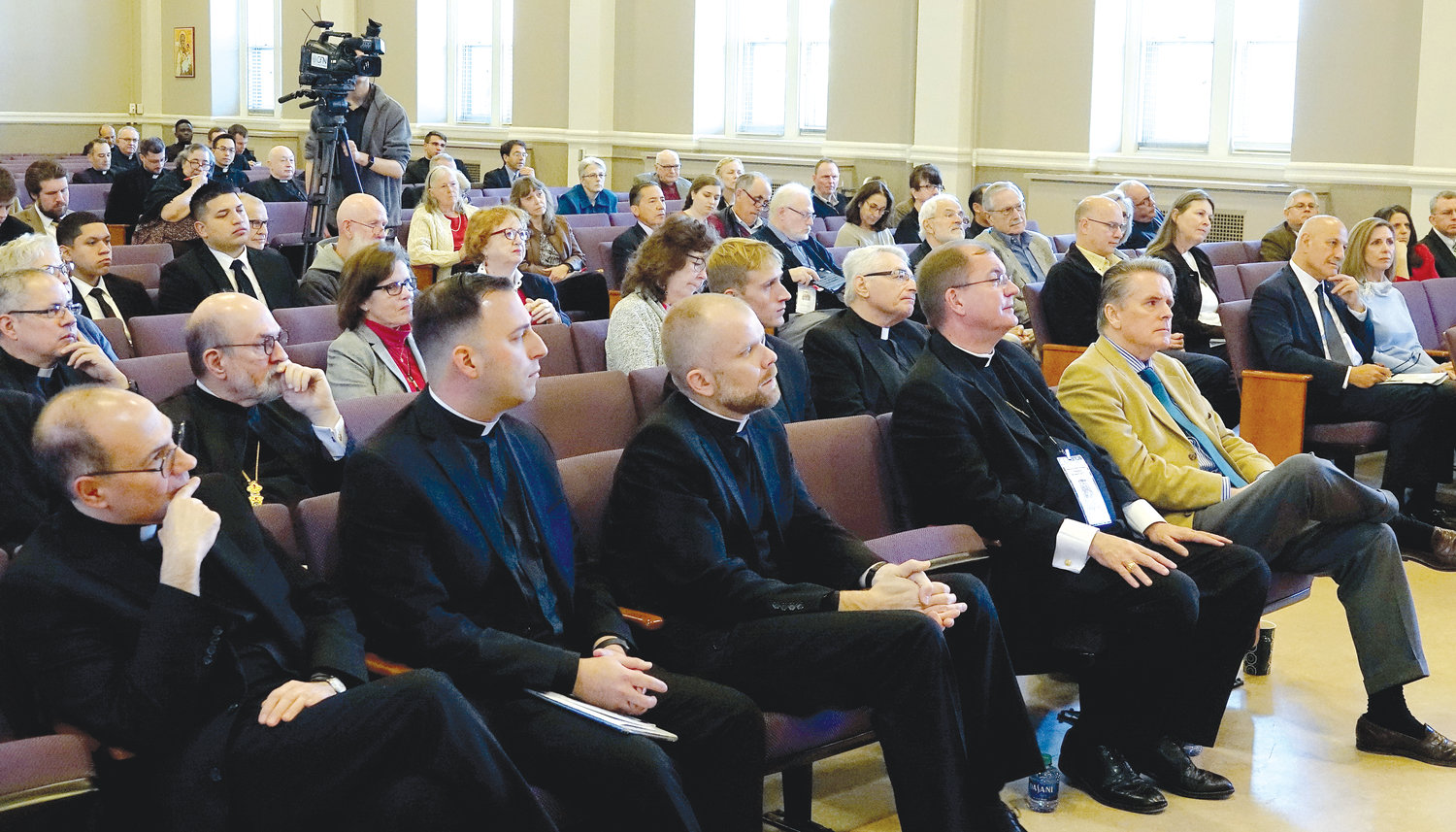 SEMINARY GATHERING—Bishop John Barres of Rockville Centre, second from right, sits beside presenter Edward Short at the symposium on St. John Henry Newman at St. Joseph’s Seminary in Dunwoodie Nov. 1-2, 2019.