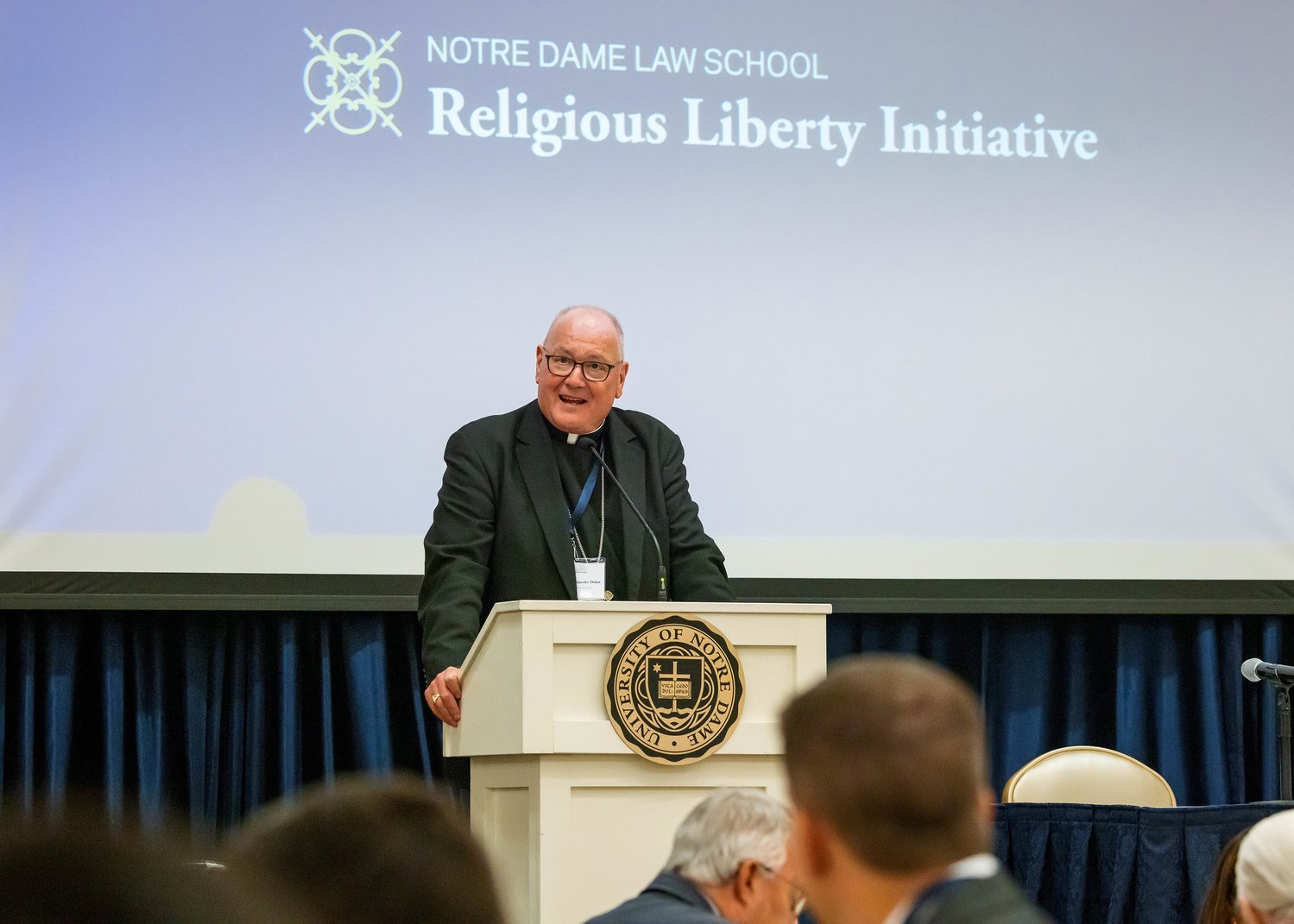 Cardinal Timothy M. Dolan, chairman of the U.S. Conference of Catholic Bishops' Committee for Religious Liberty, presents the keynote address June 28, during the Religious Liberty Summit at the University of Notre Dame Law School.