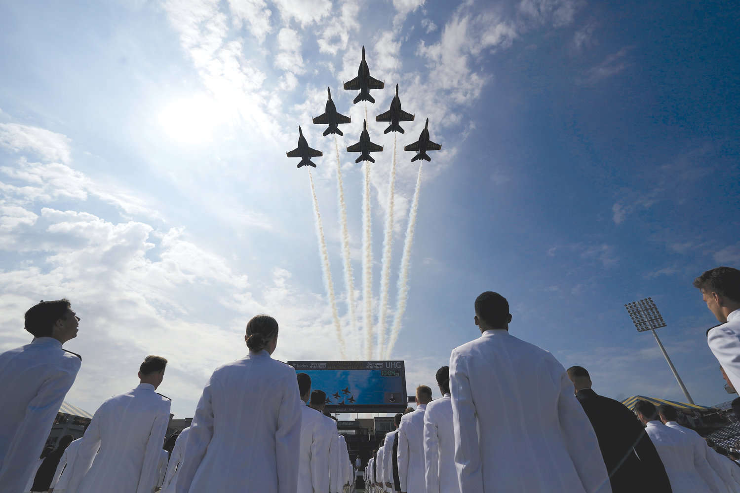 FLYING HIGH—The Blue Angels fly overhead to start the graduation and commissioning ceremony May 28 for the U.S. Naval Academy’s class of 2021 in Annapolis, Md. Cardinal Dolan spoke at the academy Oct. 26.