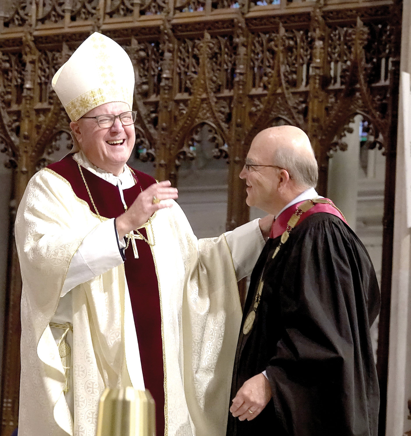 Cardinal Dolan greets Xavier High School President Jack Raslowsky, who had just delivered remarks near the conclusion of the Mass marking the opening of Xavier’s 175th anniversary year.