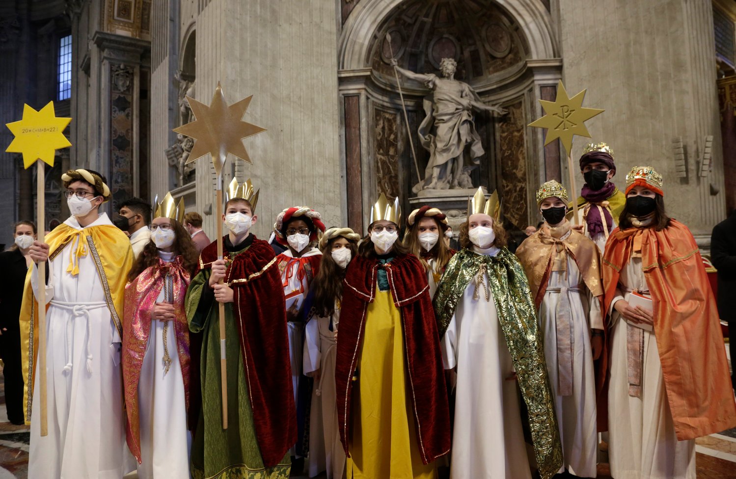 Young people dressed as the Magi are pictured after attending Pope Francis’ celebration of Mass on the feast of Mary, Mother of God, at the Vatican Jan. 1. German, Italian and Swiss young people, called “sternsingers,” carol and raise money for charity between Christmas and Epiphany each year.