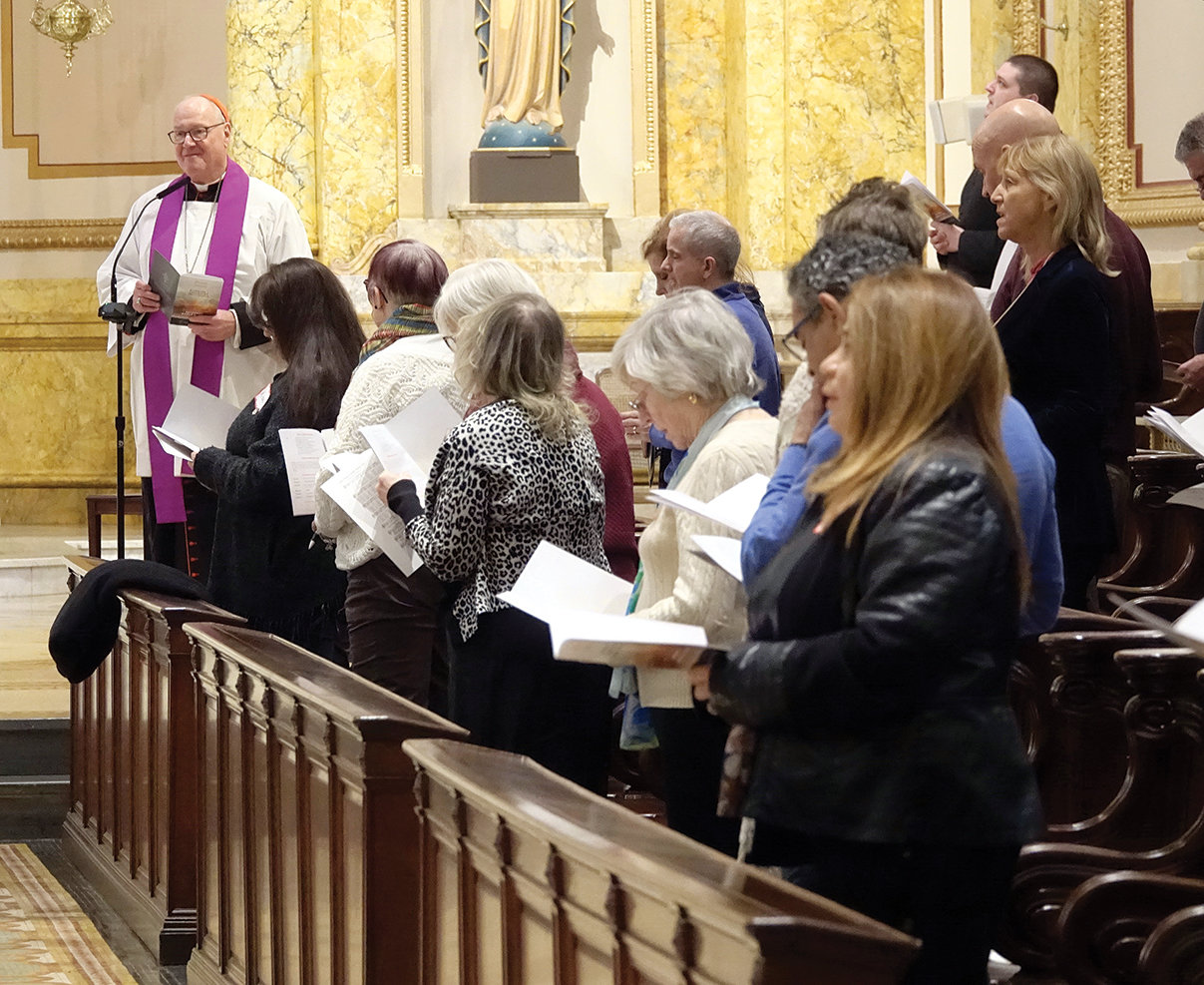 WELCOME—Cardinal Dolan, presides at a Lenten prayer service and Scripture reflection for separated and divorced Catholics March 5 in the chapel of St. Joseph’s Seminary, Dunwoodie. The gathering was sponsored by the archdiocesan Family Life Office.