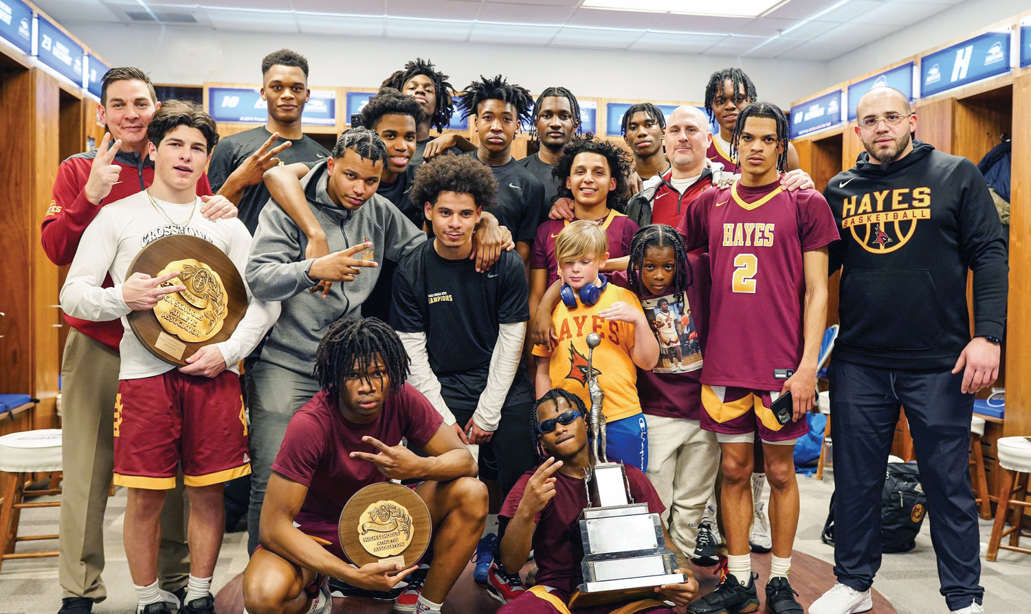 The Cardinal Hayes boys won CHSAA state championships at Hofstra University in Hempstead. They defeated Archbishop Stepinac, 79-59, for its first city and state championship since 2017 March 11.
