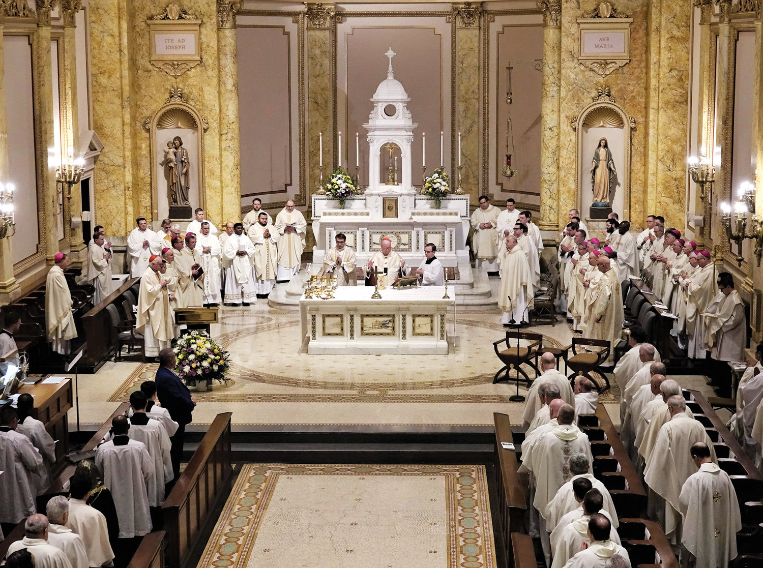 Cardinal Dolan celebrates Mass marking the 125th anniversary celebration of St. Joseph’s Seminary, Dunwoodie. Many prelates, priests, deacons, seminarians fill the sanctuary and pews of the seminary chapel for the March 24 liturgy.