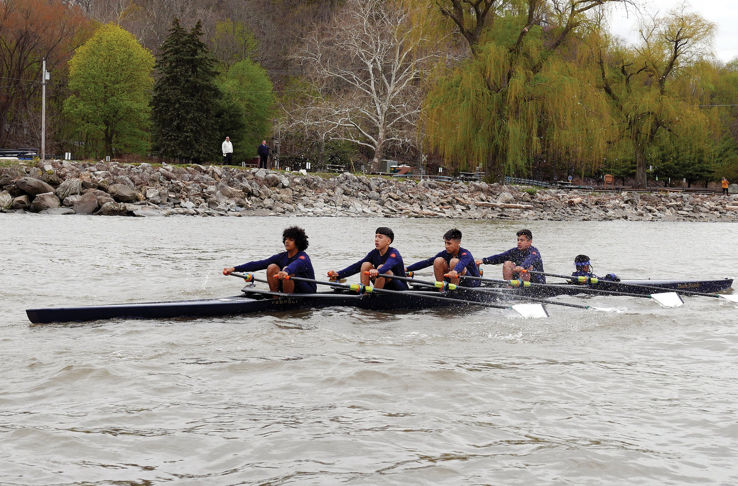 The San Miguel rowing program’s quad boat, shown practicing on the Hudson River in Cornwall-on-Hudson April 25, is one of two school boats scheduled to compete at the USRowing Northeast Youth Championships in Lowell, Mass., May 21-22.