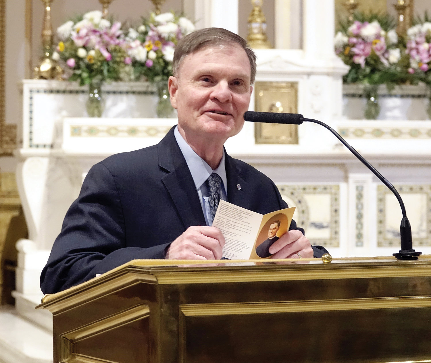 Brian Caulfield, vice postulator for the canonization cause of Blessed Michael McGivney, the Connecticut priest who founded the Knights of Columbus, delivers an April 28 address about Blessed McGivney at St. Joseph’s Seminary, Dunwoodie.