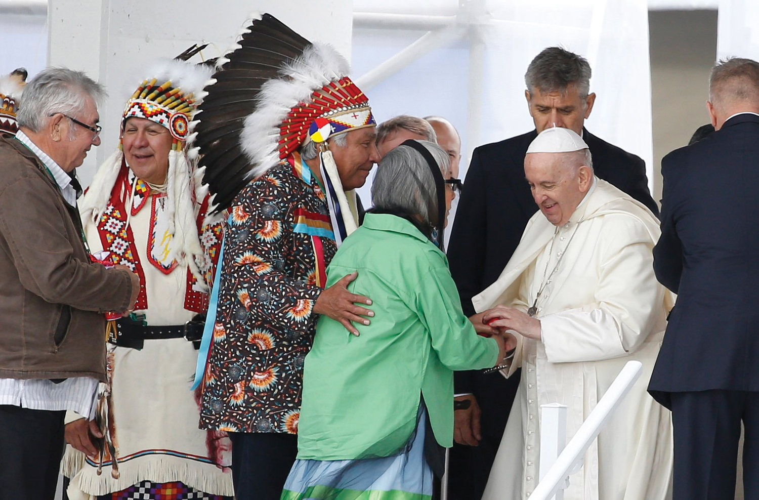 POPE’S PRESENCE—Pope Francis greets a woman during a meeting with First Nations, Métis and Inuit communities at Maskwacis, Alberta, July 25.