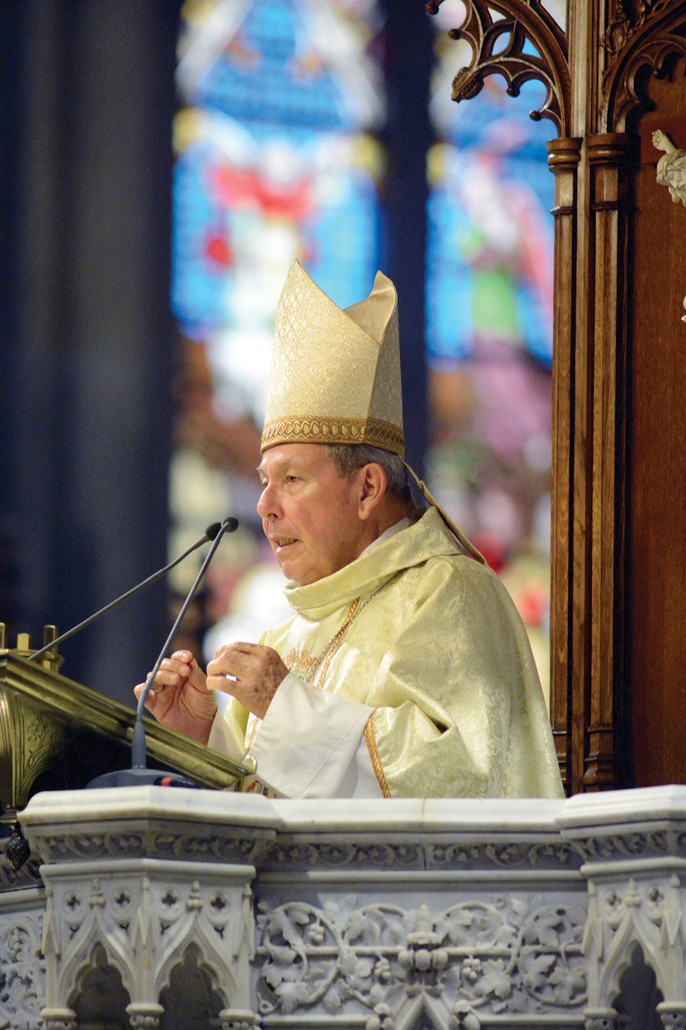 Archbishop José Octavio Ruiz Arenas delivers the homily during the annual St. Martin de Porres Mass at St. Patrick’s Cathedral, conducted in Spanish July 24. Archbishop Ruiz Arenas, who also served as principal celebrant, is secretary emeritus of the Dicastery for Evangelization, and also archbishop emeritus of Villavicencio, Colombia.