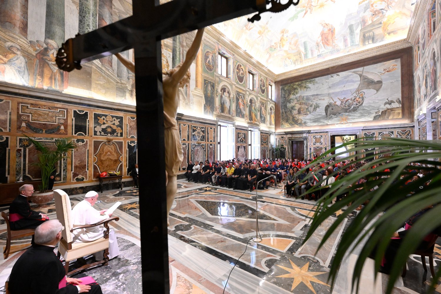 Pope Francis leads an audience with young people participating in a summer camp program sponsored by Alpha International, at the Vatican Aug. 5.