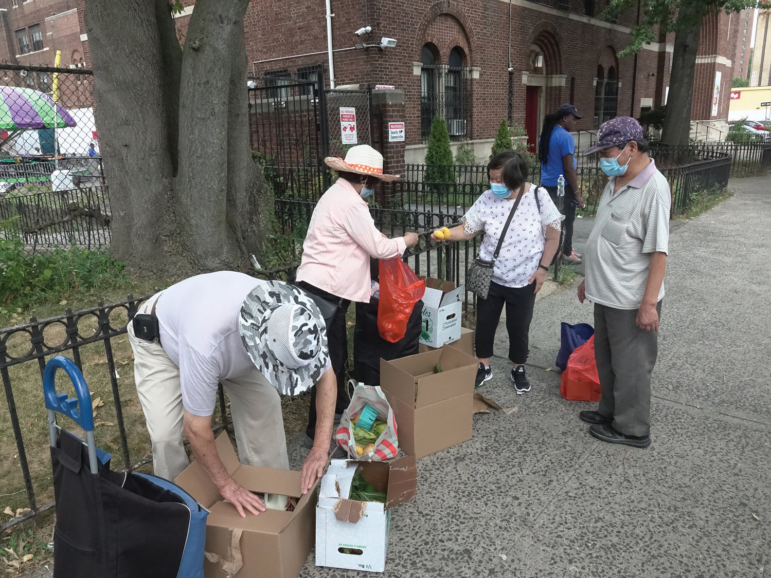 Some recipients of the archdiocesan Catholic Charities pop-up food pantry in the Bronx trade food items during the Aug. 26 event at St. Helena parish on Olmstead Avenue.
