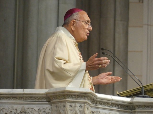 Retired Bishop Nicholas DiMarzio of the Diocese of Brooklyn delivers the homily during the 45th annual Columbus Day Mass at St. Patrick’s Cathedral Oct. 10.
