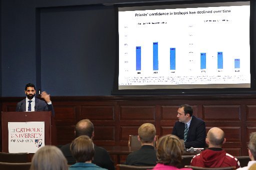 Brandon Vaidyanathan, associate professor and chair of the department of sociology at The Catholic University of America in Washington, speaks at the university Oct. 19 on the findings of a national study of Catholic priests. At right is Stephen White, executive director of The Catholic Project at the university.