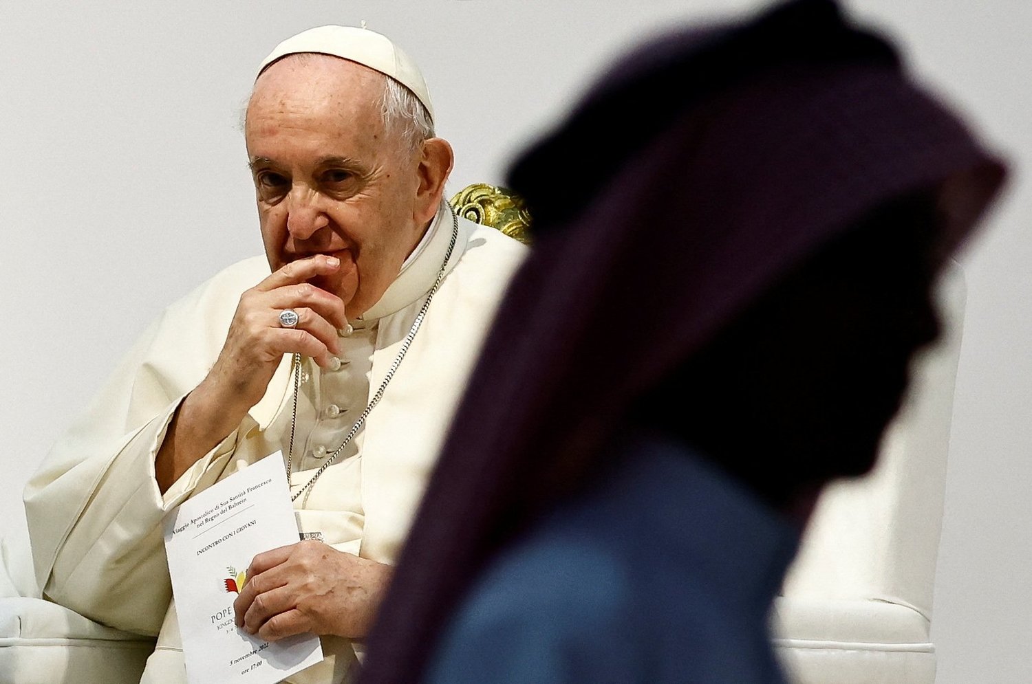 Pope Francis attends a meeting with young people at Sacred Heart School in Awali, Bahrain, Nov. 5.
