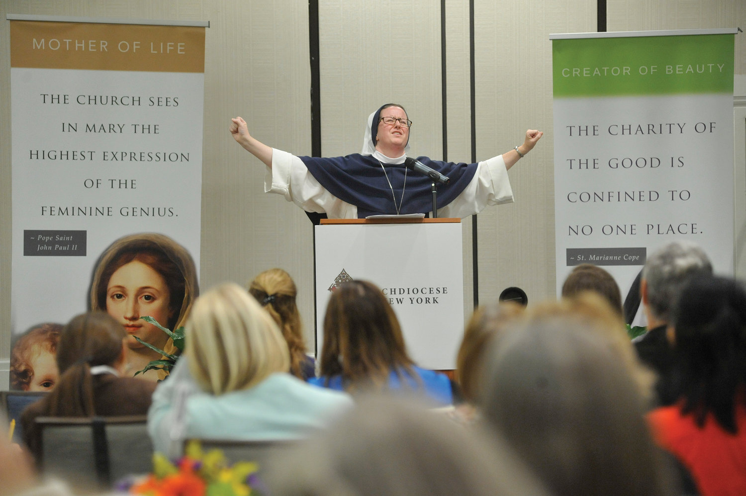 Sister Virginia Joy, S.V., director of the archdiocesan Respect Life Office, emphasizes a point during her keynote presentation at the Feminine Genius brunch Nov. 12 at the Sonesta in White Plains.